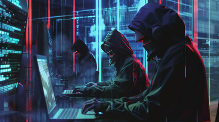 Shadowy figures in hoodies work intently on laptops in a neon-lit, futuristic environment, suggesting a high-tech, cyber atmosphere.