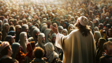 Obraz premium A wise figure stands before a vast crowd, captivating everyone with a powerful gesture, bathed in soft golden light.