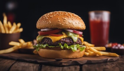 Hamburger and french fries side view on a wood and black background with decorations