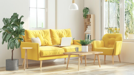 Bright, inviting living room featuring a vibrant yellow sofa, matching armchair, and lush green plants, all bathed in natural sunlight.