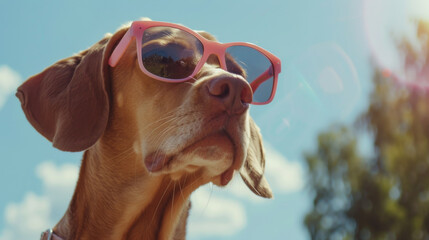 A cool dog sporting pink sunglasses on a sunny day, looking confident and stylish against a blue sky.
