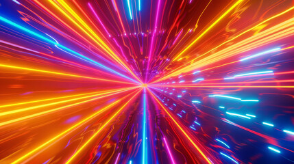 Obraz premium Blazing neon light streaks burst outward, filling the scene with vibrant energy and evoking a sense of forward momentum and limitless possibilities.