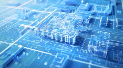 Obraz premium A cityscape with buildings and a large building in the center. The buildings are blue and the sky is white