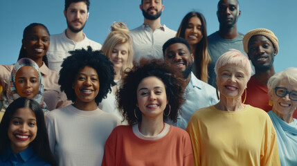 Fototapeta premium A diverse group of happy people standing together against a blue sky, representing unity and joy.