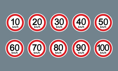 Speed limit highway sign collection. Restriction sign for car drivers not to exceed the speed over 10, 20, 30, 40, 50, 60, 70, 80, 90 and 100 kilometers per hour.