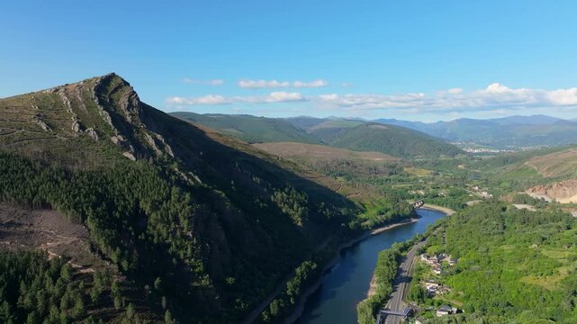 Scenic River And Mountains In Nogueira, Ribas de Sil, Spain - Aerial Drone Shot