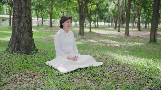 Meditation, a healthy Asian elderly woman or elderly woman is meditating with her right hand on top of her left hand and her eyes closed, smiling slightly, outdoors in the park, good morning.
