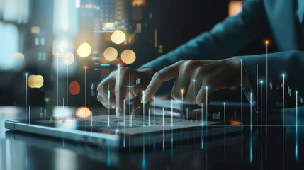 Hands deftly working on a tablet with overlaying neon financial charts and metrics, symbolizing the integration of technology and business.