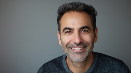 Obraz premium Middle Aged Middle Eastern Man Smiling Portrait, Grey Background, Stock Photography for Professional Use