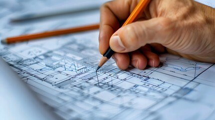 A person is drawing a plan on a piece of paper with a pencil. The drawing is of a building with a lot of detail, including the layout of the rooms and the overall design