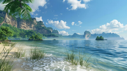 A serene, picturesque beach scene with clear blue waters, lush greenery, and a backdrop of rocky cliffs under a bright, sunny sky.