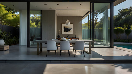 Fototapeta premium A sleek, minimalist modern house stands out against a backdrop of lush greenery. The sharp lines and neutral color palette exude a sense of contemporary elegance.