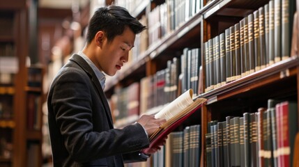 A law student studying textbooks in a library