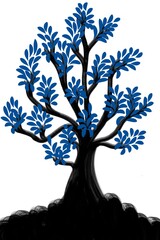 Obraz premium silhouette of a tree in the forest, lanscape illustration, tree, tree on white, illustration of tree, tree with blue leaves, black tree on white background, plant, paint, drawing, art, black