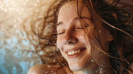 Fototapeta premium A woman, surrounded by colleagues, beams with confidence and happiness in a cozy office, showcasing teamwork in a productive environment.