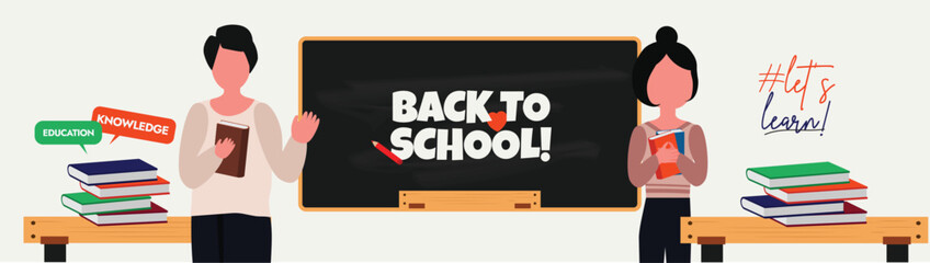 Back to School. Welcome Back to school cover banner with two teachers, blackboard, books on table. After vacations conceptual banner, motivating students. 