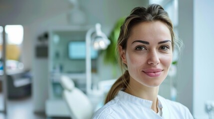 Fototapeta premium Beautiful woman with professional attire standing in a modern dental office with a bright smile.
