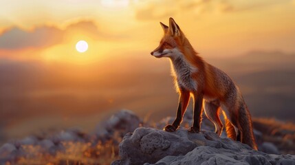Silhouetted red fox standing on a rock at sunset by a lake, warm and vibrant colors, serene and majestic atmosphere, horizontal image, nature scene, defocus