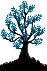 Obraz premium Illustration of tree, silhouette of tree, tree with roots, tree, black and white, black and white wall decoration, decoration, wall decoration, painting, drawing, paint, plant, flora, tree design, art