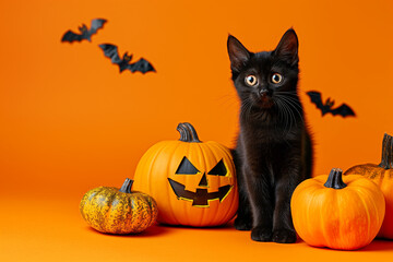 Black Cat Posing With Pumpkins for Halloween