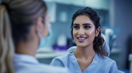 Fototapeta premium A woman in a medical office smiling and engaging in conversation with a patient.