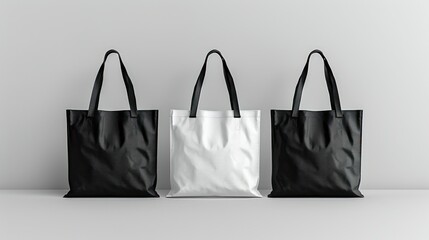 Three Tote Bags: Black and White Mockup
