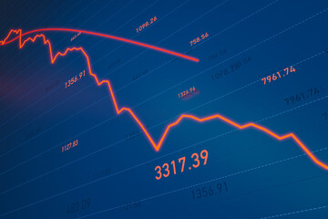 Stock market and exchange, equity chart moving down. Recession, crisis, bear market, stock market crash, depression era, negative, weak business.