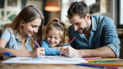 Fototapeta premium Child drawing pictures at home with parents