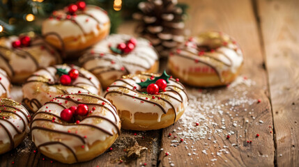 Festive Christmas Donuts with Glaze and Sprinkles on Wooden Table