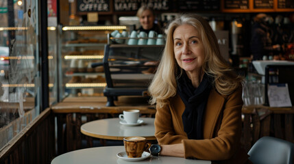 Mature Woman Enjoying Coffee at Cozy Cafe Interior