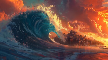 Fototapeta premium A massive wave of cerulean and turquoise, tinged with the warm glow of sunrise, barrels towards a tranquil fishing village.