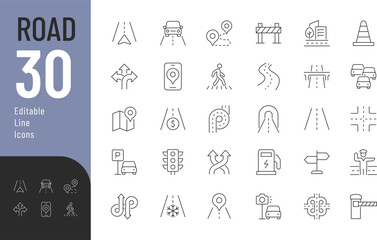 Road Line Editable Icons set. Vector illustration in modern thin line style of traffic related icons: GPS navigation, road junction, highway, distribution, and  more. Isolated on white © Vectuz