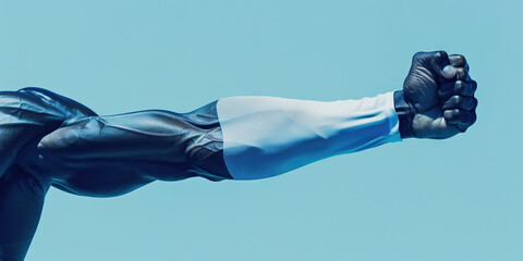Simplified Strength: A muscular arm flexed, emerging from a white sleeve bearing only a single blue stripe.