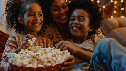 Fototapeta premium A family of three, two girls and a woman, are sitting on a couch