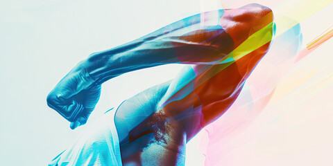 Simplified Strength: A muscular arm flexed, emerging from a white sleeve bearing only a single blue stripe.