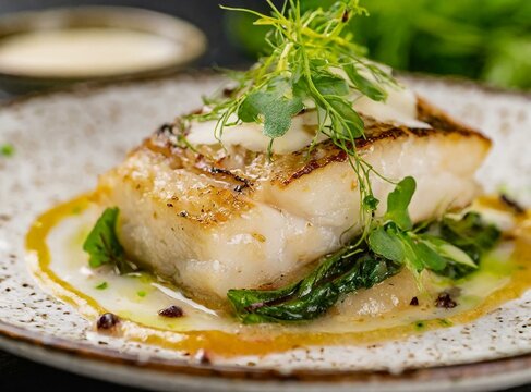 Plate with zander filet served with greens and sauce