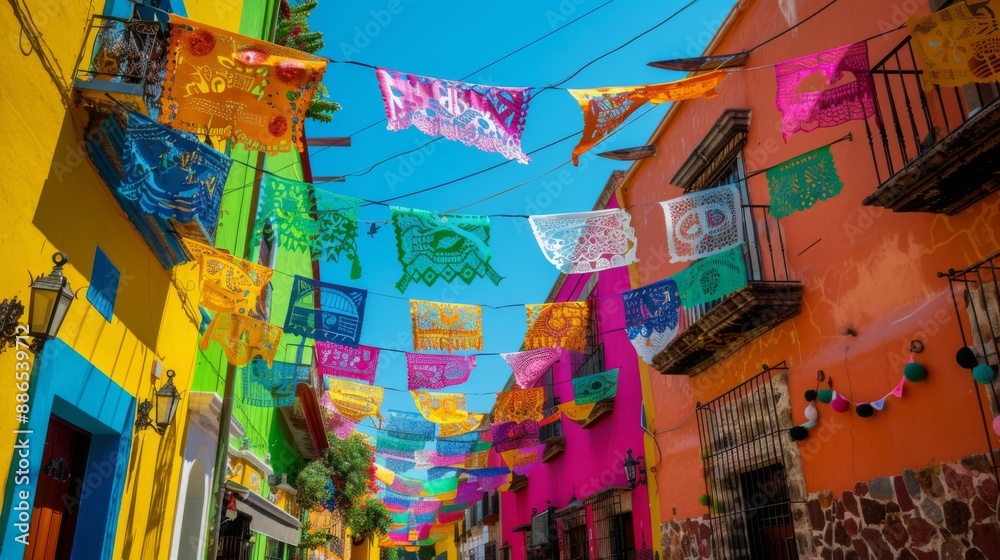 Wall mural colorful mexican street with hanging colorful flags for fiesta party and blue sky. cinco de mayo. th
