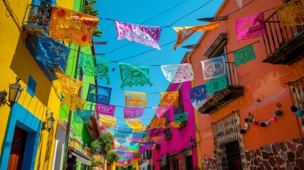 Fototapeta premium Colorful Mexican street with hanging colorful flags for fiesta party and blue sky.&nbsp;Cinco de mayo.&nbsp;The day of the dead.&nbsp;Dia de los Muertos
