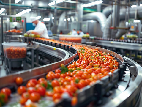 Red Ripe Tomatoes Moving Along A Conveyor Belt In A Food Processing Plant