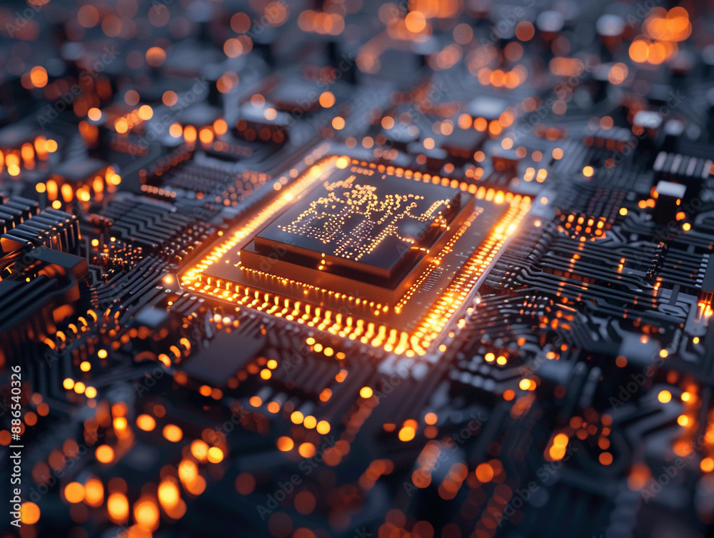 Poster illuminated microchip processor on a circuit board