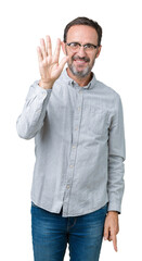 Handsome middle age elegant senior man wearing glasses over isolated background showing and pointing up with fingers number five while smiling confident and happy.