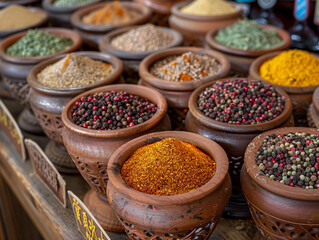 Fototapeta premium Assortment of Spices in Clay Pots at a Middle Eastern Market
