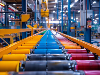 Obraz premium Modern Factory Conveyor Belt With Colorful Rollers in Production Line