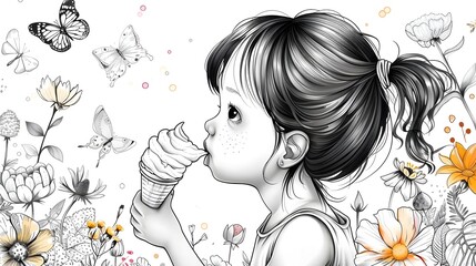 Enchanting Girl Exploring Whimsical Floral Garden with Butterflies