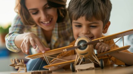 A woman and a boy are playing with a toy airplane