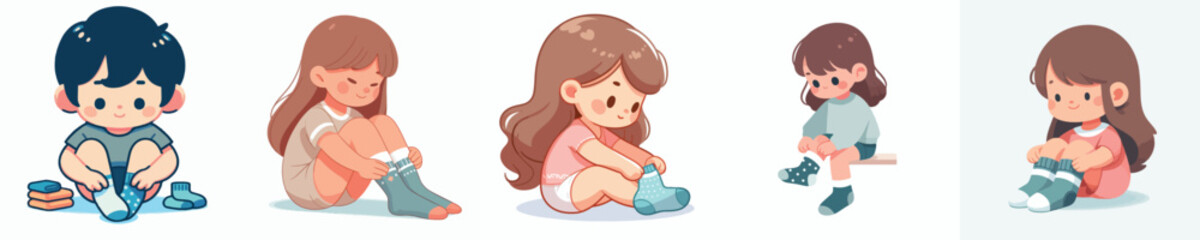 vector set of children putting on socks