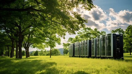 Obraz premium A row of modern storage containers in the middle of a green field surrounded by trees on a sunny day
