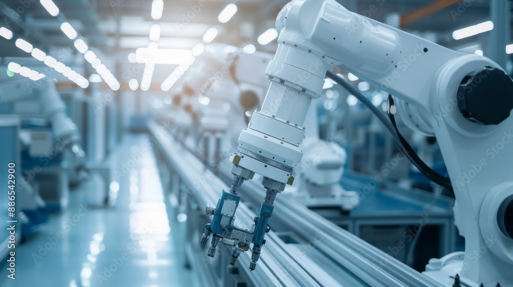 Poster a robotic arm with a gripper tool carefully manipulates a small component on a conveyor belt in a cl