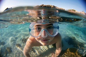 Fototapeta premium The image captures a child swimming with underwater goggles in clear water, showcasing a fun and adventurous moment at the beach, surrounded by nature's beauty and freedom.