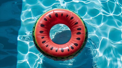 Inflatable ring watermelon in swimming pool, sunny day. Relaxation lifestyle. Summer holidays banner